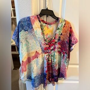 Vibrant Patchwork V-Neck Women's Blouse